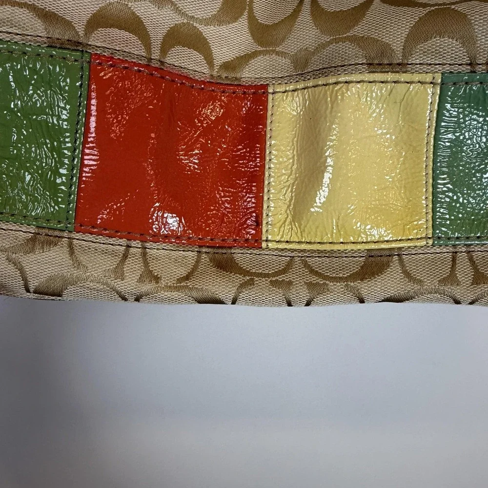 Coach Hobo Bag Womens Medium Beige Signature Poppy Multicolor‎ Patchwork Canvas